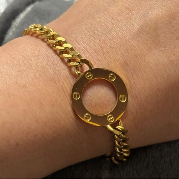 18K Gold-Plated Stainless Steel Link Chain Screw Circle Bracelet - Picture 2 of 5